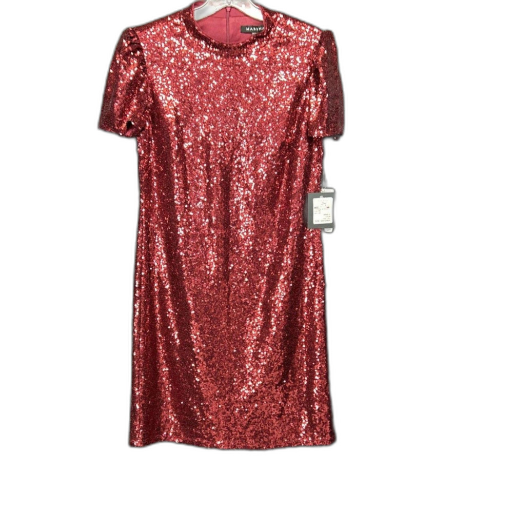 Marina Red Sequin Short Sleeve Cocktail Dress Sz 4 New With Tags